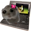 A stock photo of a
                chunky thinkpad laptop with a poorly fitted copy of the linux
                tux juicebox render pasted on top of the screen, and the sad
                hamster meme cropped over the top of both wearing a pink bow
                emoji